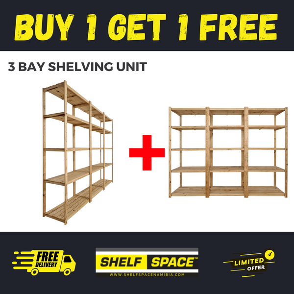 3 Bay DIY Wooden Shelving with 5 levels of Shelves (2.1m High) Promo